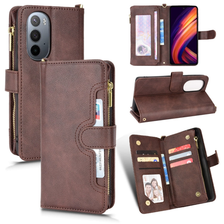 Brown textured zipper wallet phone case with card slots and kickstand
