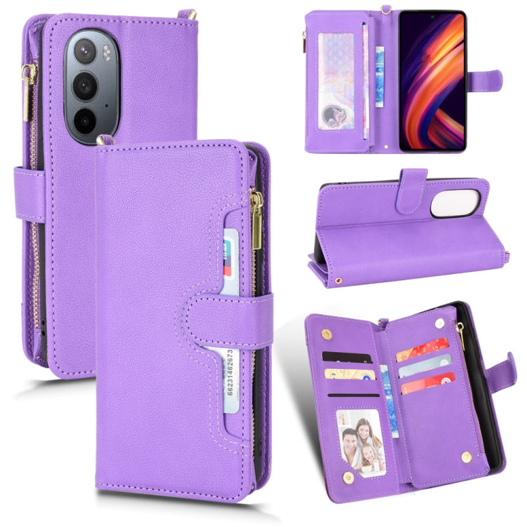 Purple textured zipper wallet phone case with card slots and kickstand