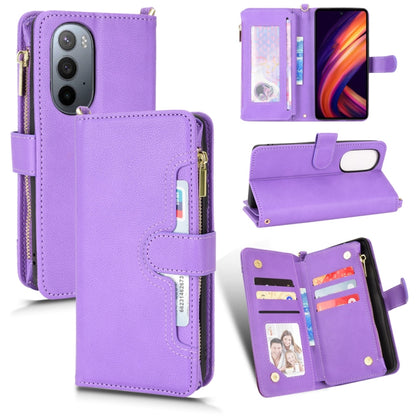 Purple textured zipper wallet phone case with card slots and kickstand