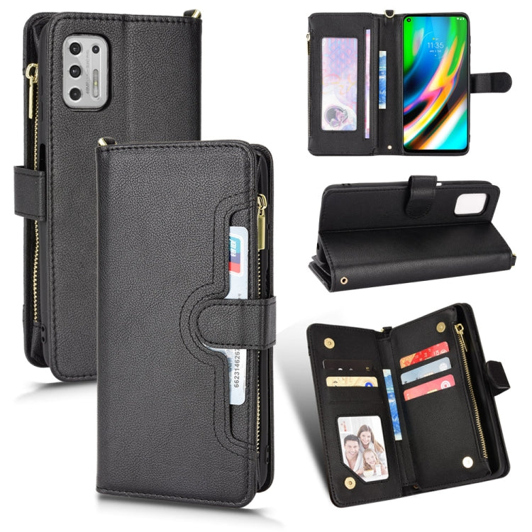 Dark charcoal textured zipper wallet phone case with card slots and kickstand