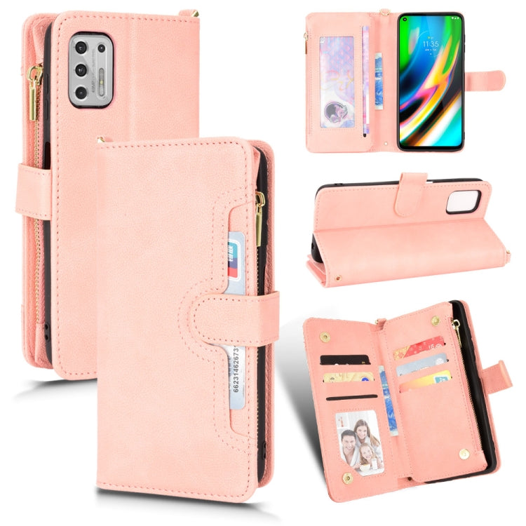 Pink leather-texture zipper wallet phone case with card slots and stand