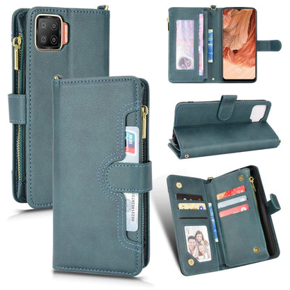 Teal leather-texture zipper wallet phone case with card slots and stand