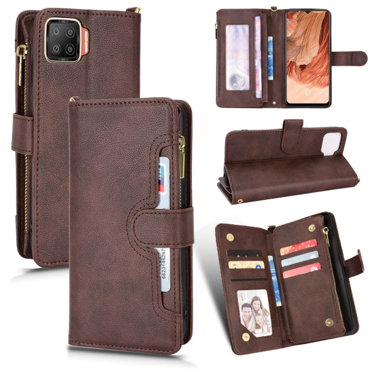 Brown leather-texture zipper wallet phone case with card slots and stand