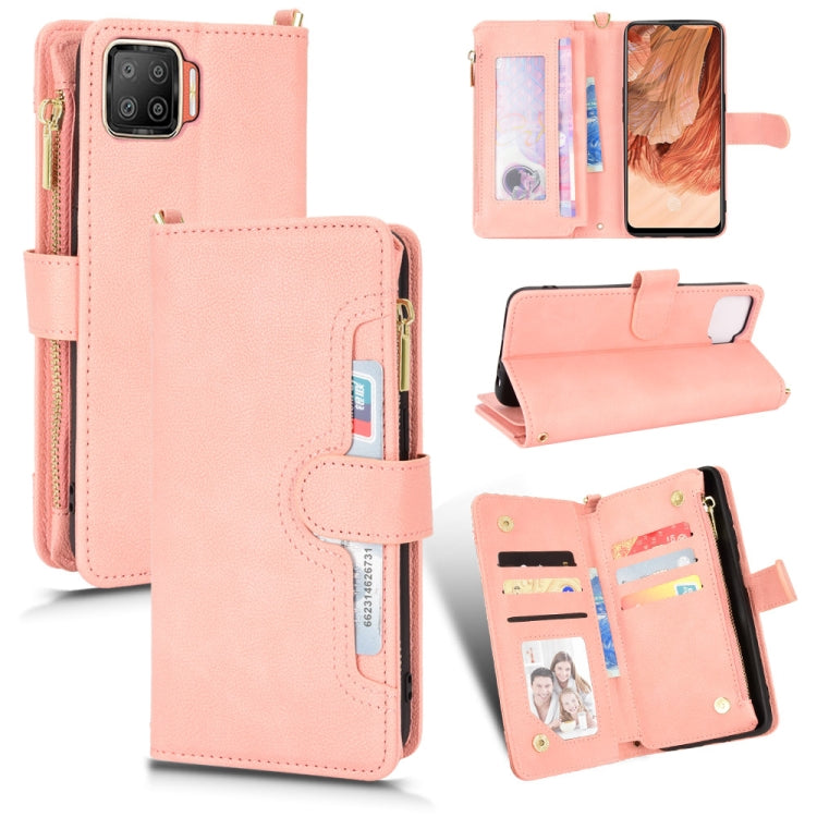 Pink leather-texture zipper folio phone case with card slots and stand