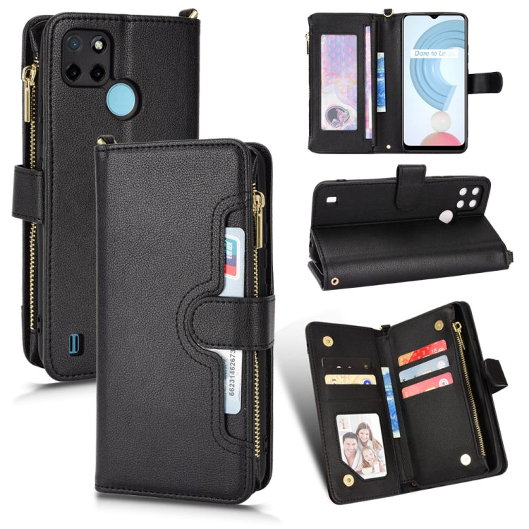 Black leather-texture zipper folio phone case with card slots and stand