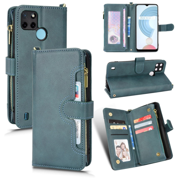 Teal leather-texture zipper folio phone case with card slots and stand