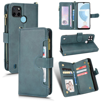Teal leather-texture zipper folio phone case with card slots and stand