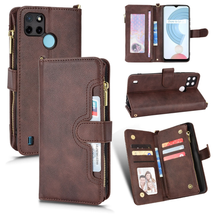 Brown leather-texture zipper folio phone case with card slots and stand