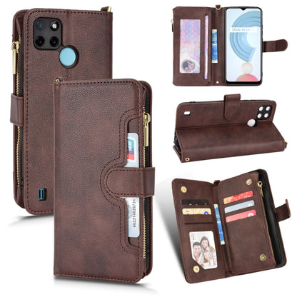 Brown leather-texture zipper folio phone case with card slots and stand