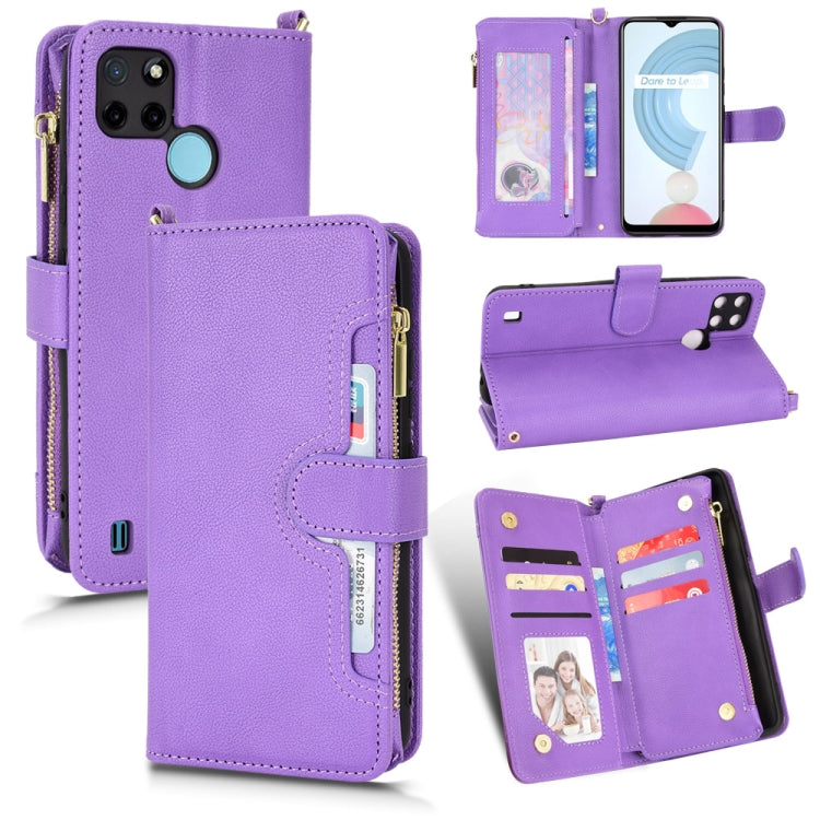 Purple leather-texture zipper folio phone case with card slots and stand