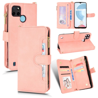 Pink leather phone wallet case with zipper closure, card slots, and flip cover