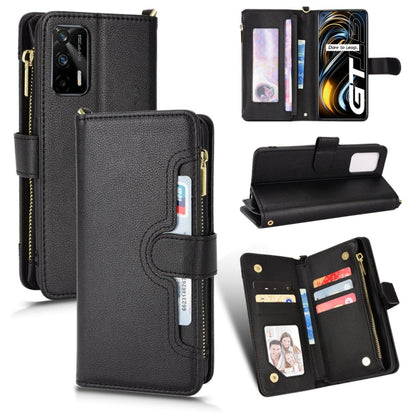 Black leather phone wallet case with zipper closure, card slots, and flip cover