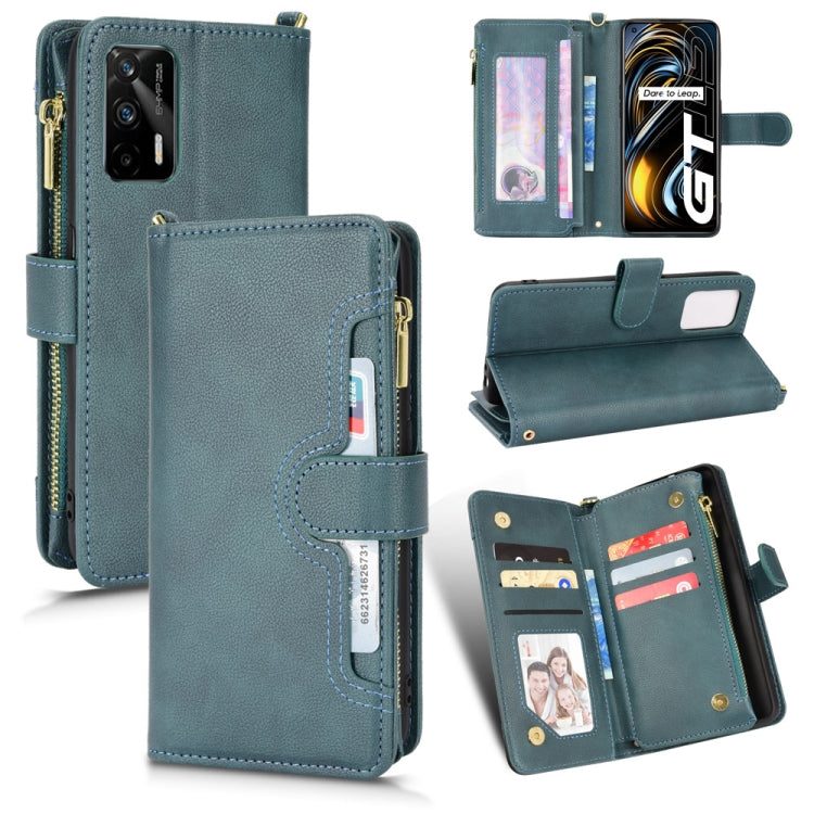 Teal leather phone wallet case with zipper closure, card slots, and flip cover