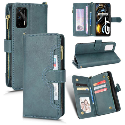 Teal leather phone wallet case with zipper closure, card slots, and flip cover