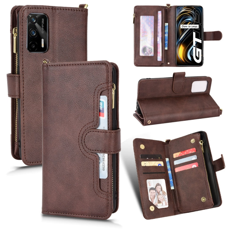 Brown leather phone wallet case with zipper closure, card slots, and flip cover