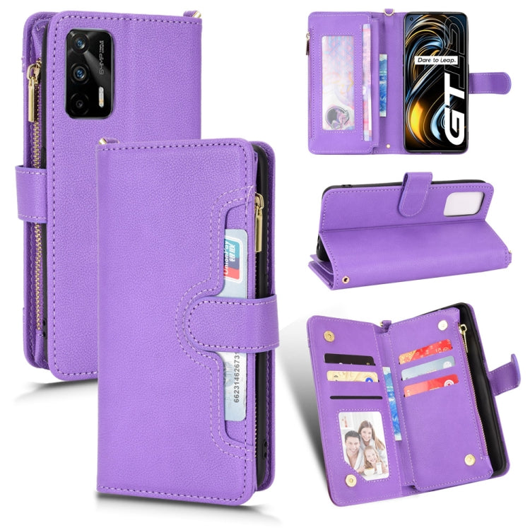 Purple leather phone wallet case with zipper closure, card slots, and flip cover