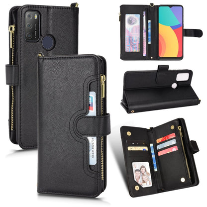 Black leather phone case with zipper closure, card slots, and folio flip design