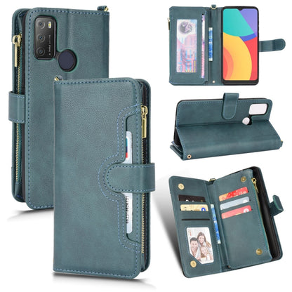 Teal leather phone case with zipper closure, card slots, and folio flip design