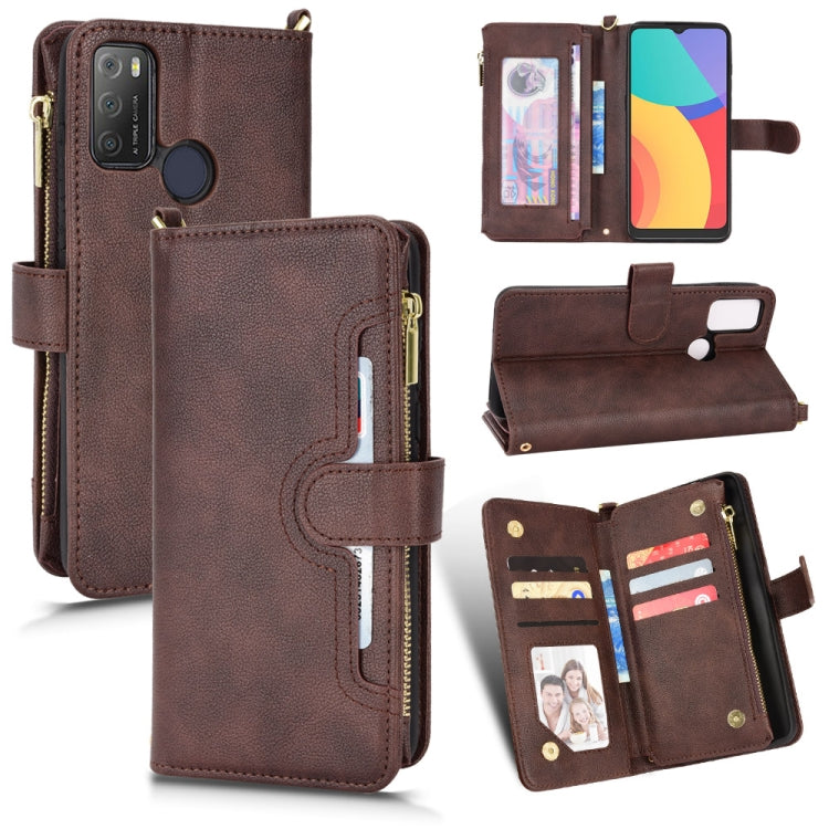 Brown leather phone case with zipper closure, card slots, and folio flip design