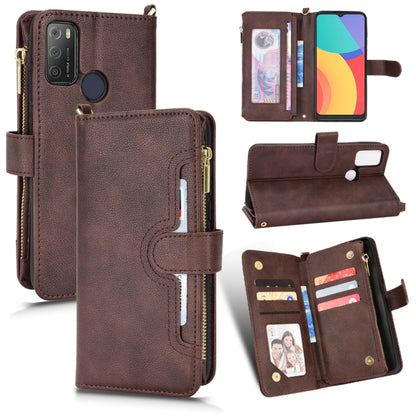 Brown leather phone case with zipper closure, card slots, and folio flip design