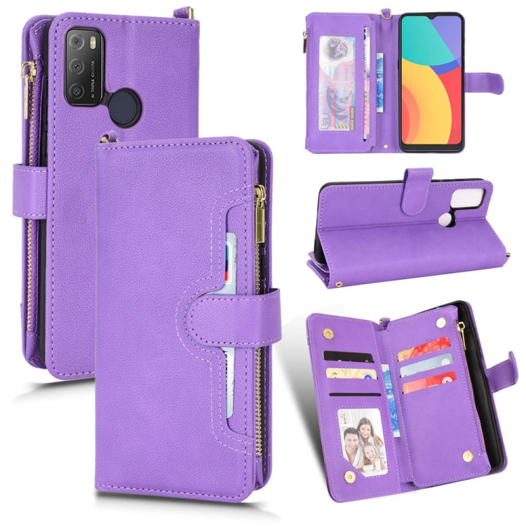 Purple leather phone case with zipper closure, card slots, and folio flip design