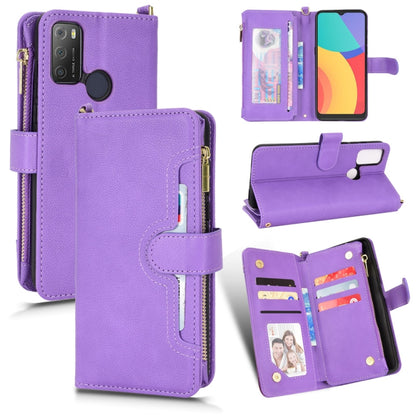 Purple leather phone case with zipper closure, card slots, and folio flip design