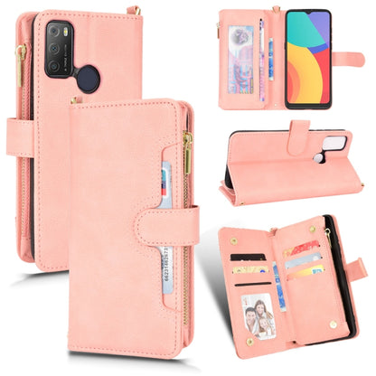 Pink litchi-texture leather zip phone wallet case with card slots and stand