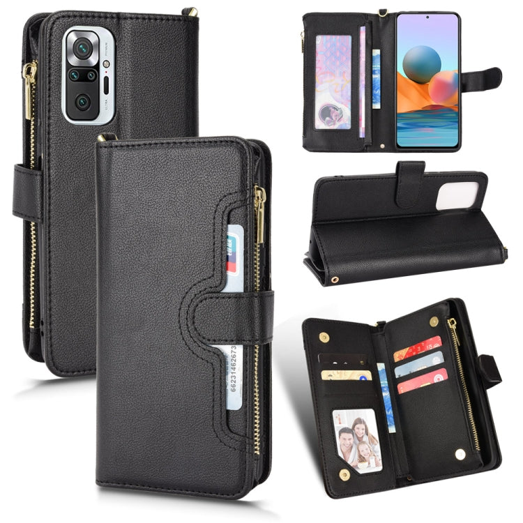 Black litchi-texture leather zip phone wallet case with card slots and stand