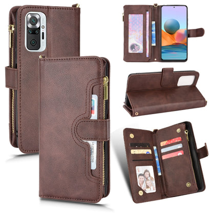Brown litchi-texture leather zip phone wallet case with card slots and stand