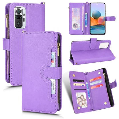 Purple litchi-texture leather zip phone wallet case with card slots and stand
