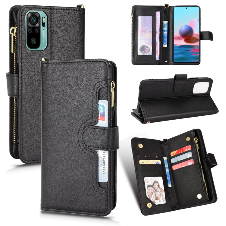 Black litchi-texture leather zip phone wallet case with card slots and stand