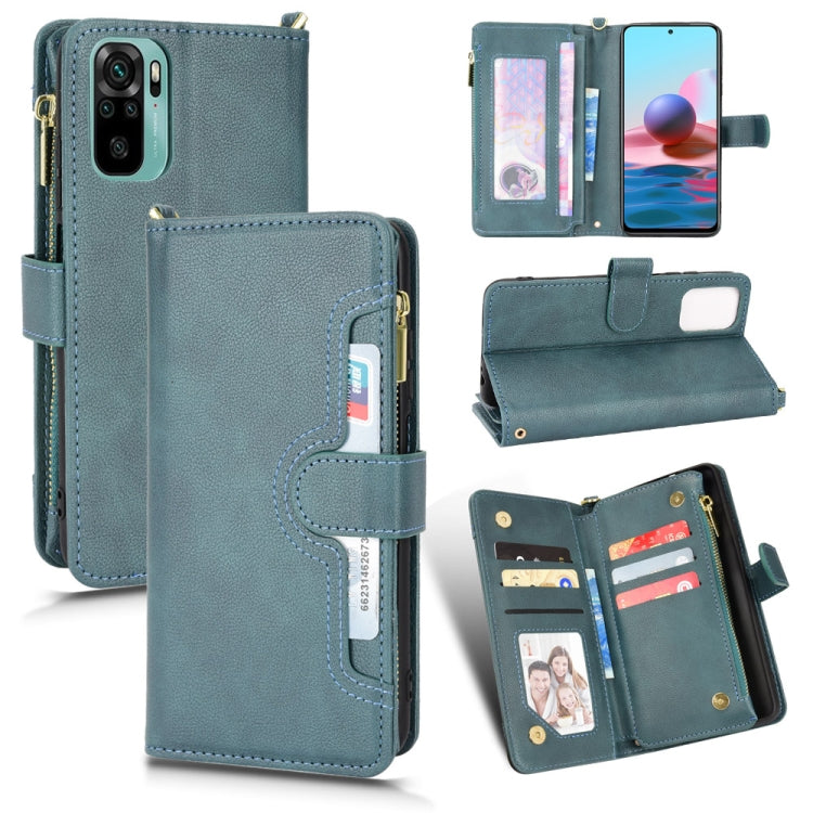 Teal litchi-texture leather zip phone wallet case with card slots and stand
