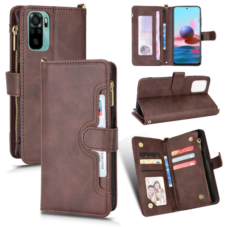 Brown litchi-texture leather zip phone wallet case with card slots and stand