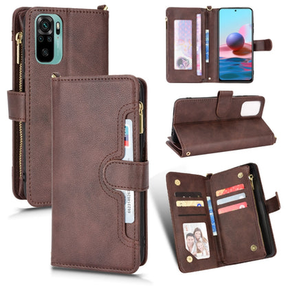 Brown litchi-texture leather zip phone wallet case with card slots and stand