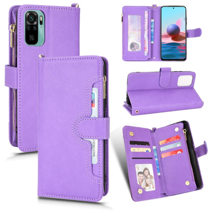 Purple litchi-texture leather zip phone wallet case with card slots and stand