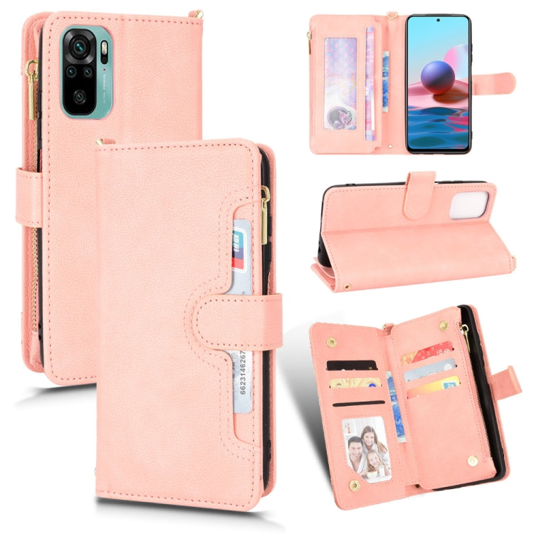 Pink leather-look zipper phone case with card slots and folio stand