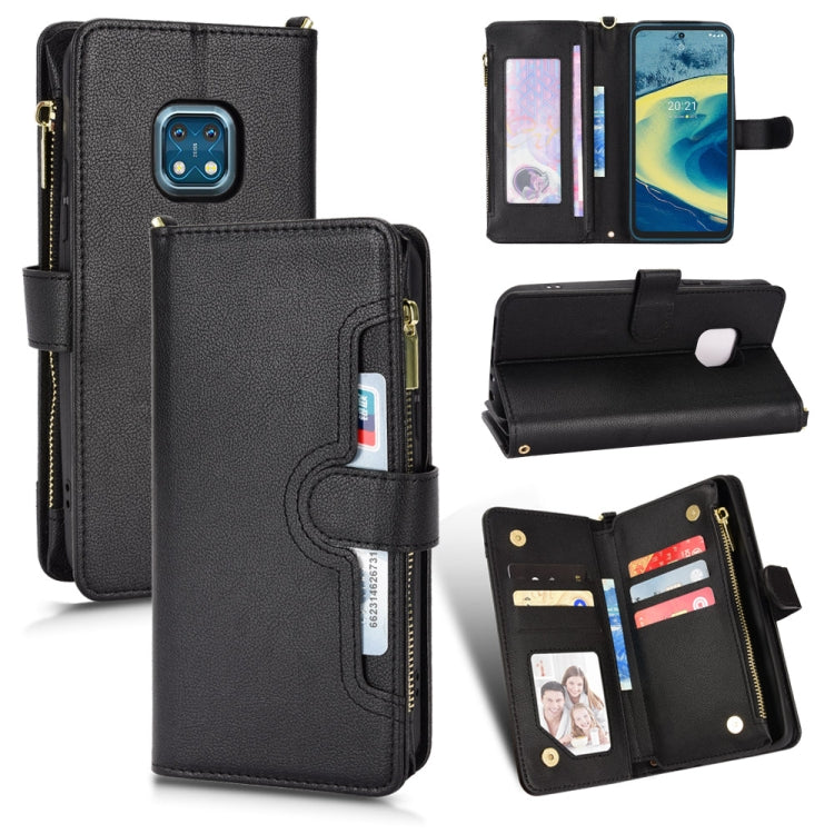 Black leather-look zipper phone case with card slots and folio stand
