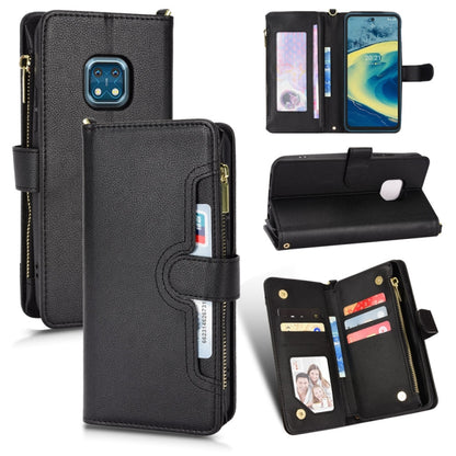 Black leather-look zipper phone case with card slots and folio stand