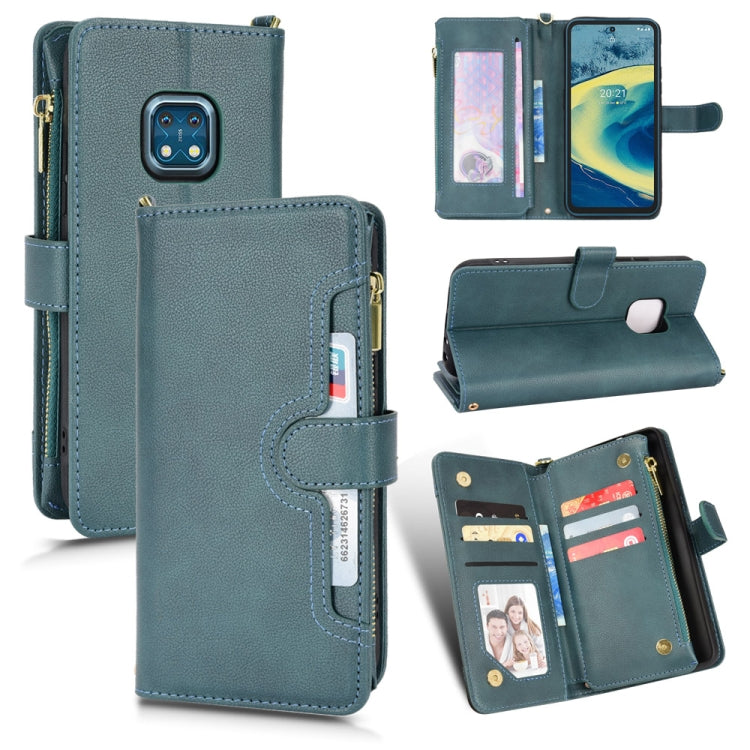 Teal leather-look zipper phone case with card slots and folio stand
