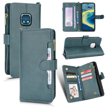 Teal leather-look zipper phone case with card slots and folio stand
