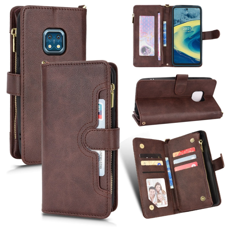 Brown leather-look zipper phone case with card slots and folio stand