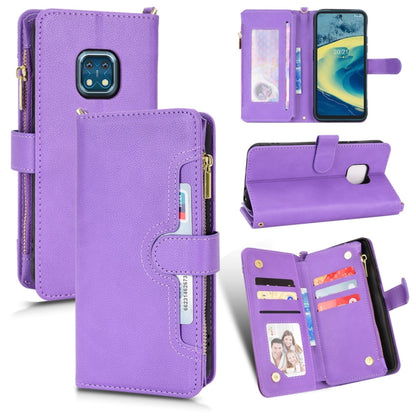 Purple leather-look zipper phone case with card slots and folio stand