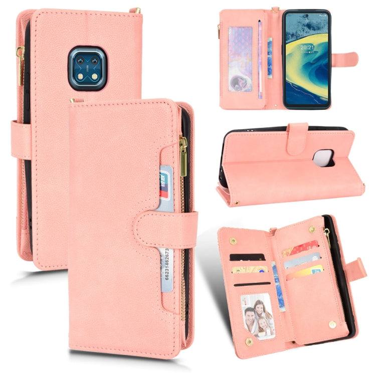 Pink leather-look zipper phone case with card slots and magnetic folio cover