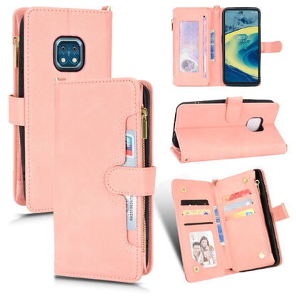 Pink leather-look zipper phone case with card slots and magnetic folio cover