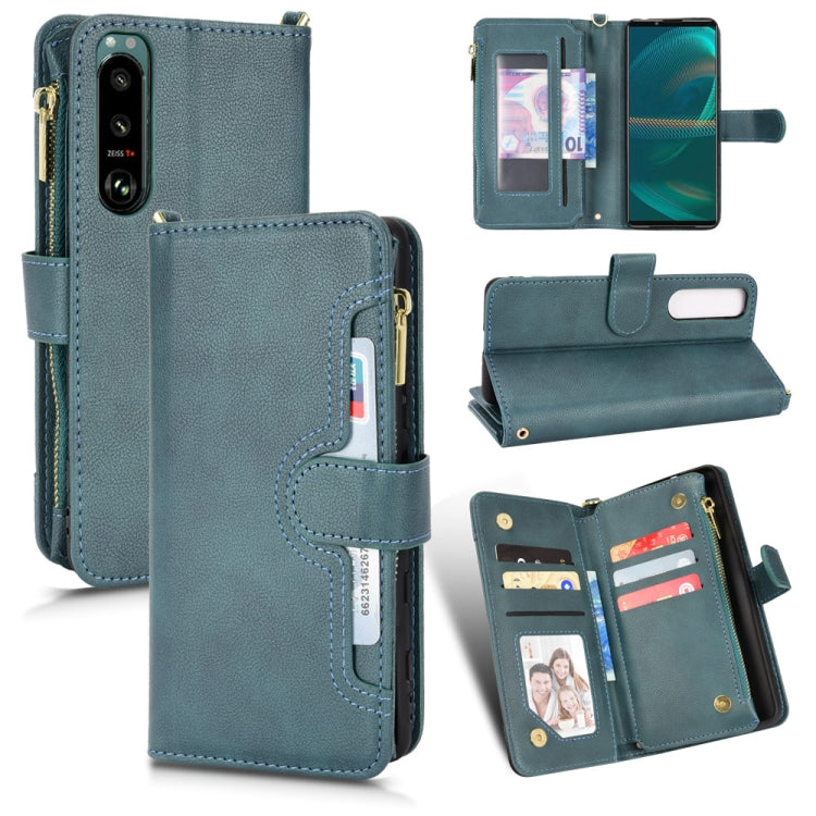 Teal leather-look zipper phone case with card slots and folio wallet design