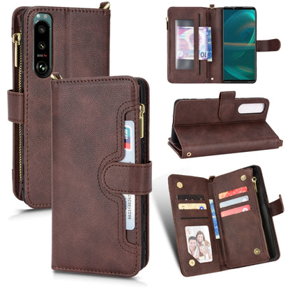Brown leather-look zipper phone case with card slots and folio wallet design
