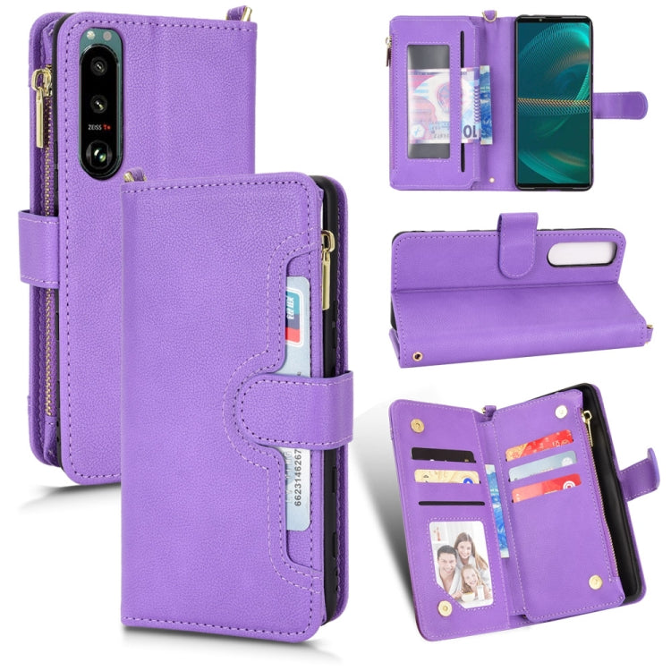 Purple leather-look zipper phone case with card slots and folio wallet design
