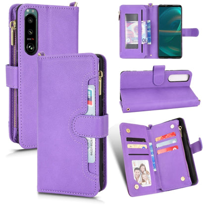 Purple leather-look zipper phone case with card slots and folio wallet design