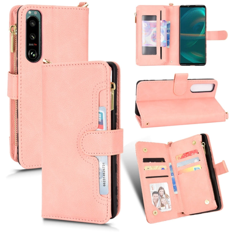 Pink litchi-texture zipper phone case wallet with card slots and flip stand