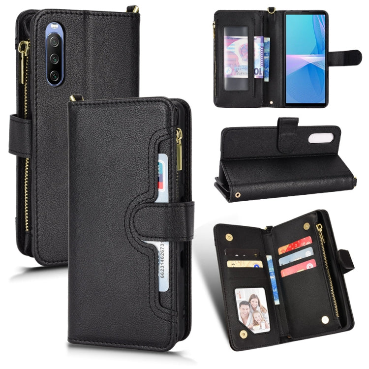 Black litchi-texture zipper phone case wallet with card slots and flip stand